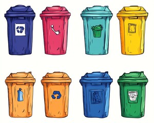 Simple, vibrant doodle of multicolored containers for waste sorting, with a minimalist approach and distinct colors for each bin category