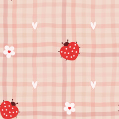 Cute seamless checkered pattern with ladybug and flowers. Vector Pastel background. Valentines day and love