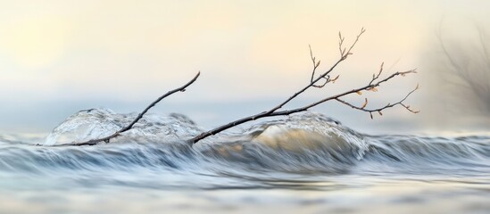 Obraz premium Gentle Waves Flowing Over Twigs in Serene Natural Landscape with Soft Pastel Colors and Tranquil Atmosphere