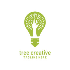  creative with tree hand bulb logo, Symbol Icon Design Vector Template.