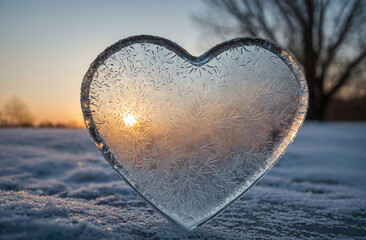 frosty window with a small heart drawn in the condensation on one side