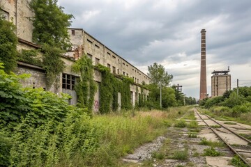 Industrial landscape with crumbling factory walls and overgrown vegetation, ravaged buildings, industrial decay, industrial ruin, post-industrial wasteland, urban landscape