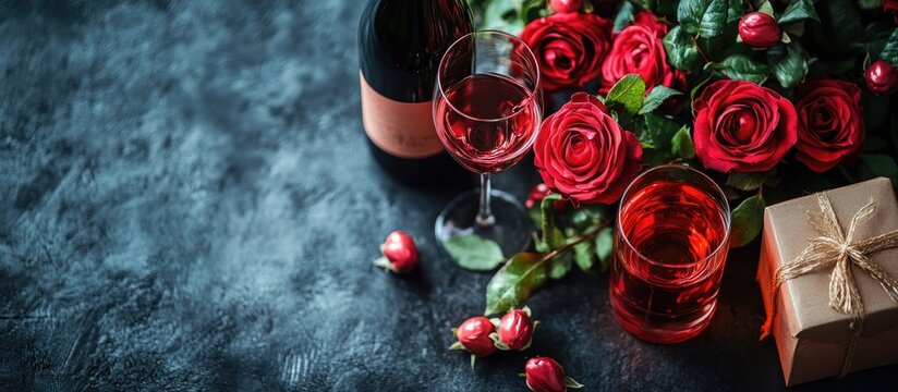 Valentine's Day celebration with red roses wine gift box and romantic ambiance for love and affection themes