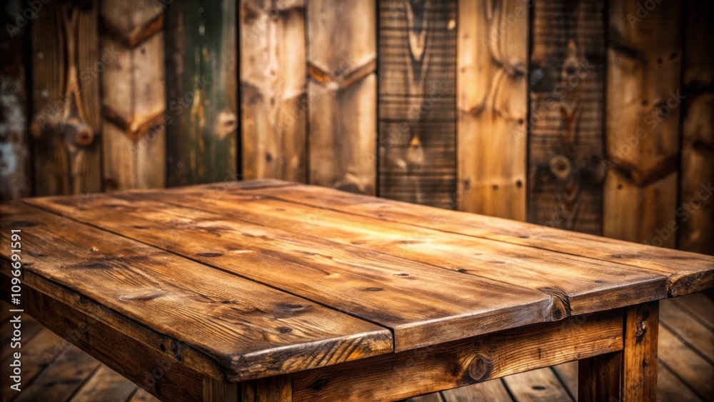 Poster rustic wooden table surface with a blurred wooden backdrop, perfect for showcasing products or displ