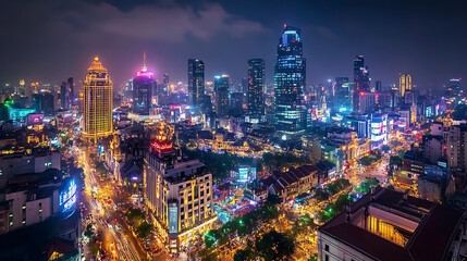 Obraz premium A panoramic view of a bustling city at night, with towering buildings and streets lit up in celebration, creating a festive atmosphere 