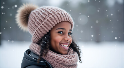 Young girl smiles joyfully in snowy landscape wearing cozy winter hat and scarf during winter season