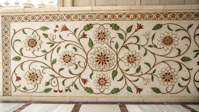 Intricate floral motif with interlocking blooms and vines, nature-inspired, stylized, pattern