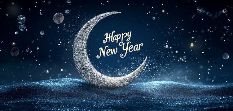 Happy New Year Crafted from Swirling Silver Dust Under a Crescent Moon