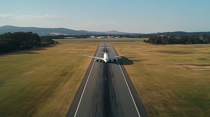 An airplane on the runway surrounded by open fields and distant hills.