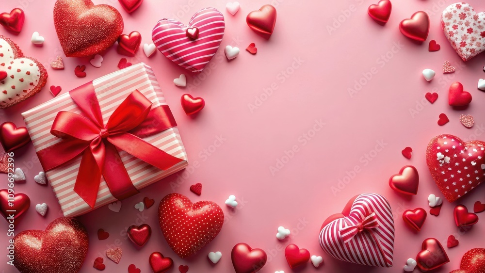Poster pink background with red and white hearts and a gift box with a red bow