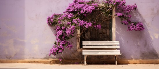 Fototapeta premium Charming Island Architecture with a White Bench Surrounded by Bougainvillea Flowers on a Serene Spring Day in Vibrant Urban Setting