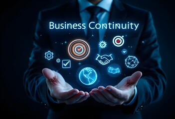 Business continuity management concept. "Business Continuity" with icons representing strategy, risk assessment, and operational planning, focusing on resilience and managing business disruptions