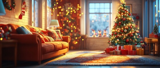 Cozy and festive Christmas living room scene with decorated Christmas tree fireplace and holiday decor  Warm and inviting atmosphere with a comfortable sofa creates a perfect holiday home setting