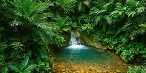 Lush green foliage surrounds a secluded waterfall oasis in the heart of a tropical jungle, tranquil, green
