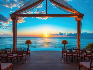 Obraz premium A stunning oceanfront property with a panoramic view of the sunset over the water, waves, sunset