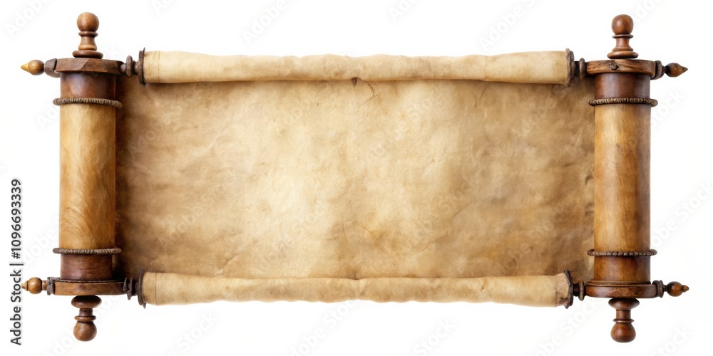 Poster unfurled antique scroll with wooden rollers and blank parchment for your message