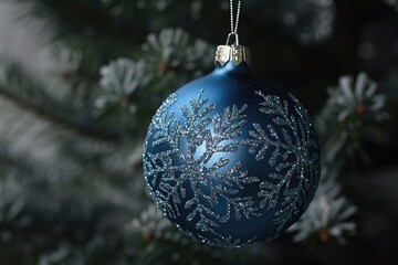 A blue ornament hangs from a decorated Christmas tree