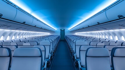 Empty Airplane Seats, Blue Cabin, Modern Aircraft Interior, Travel, Flight
