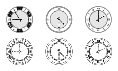 wall clock, roman wall clock with latin numeral set vector illustration isolated on white background.
