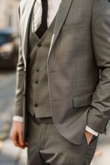 A man in a suit and tie standing on a sidewalk