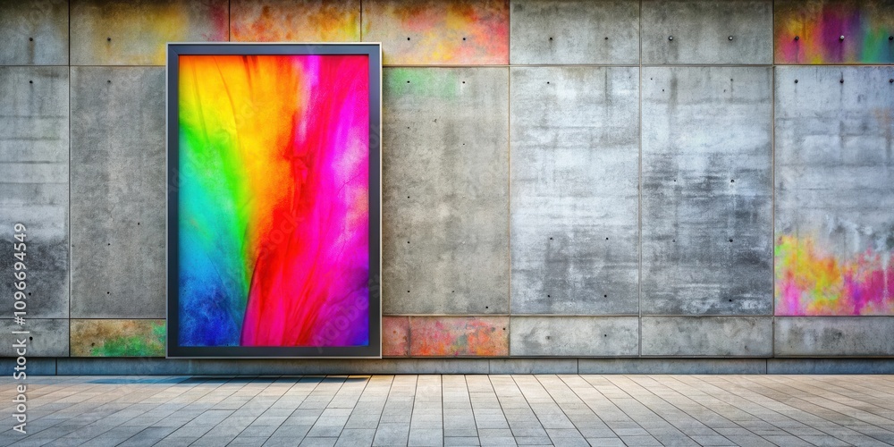 Poster A vibrant abstract rainbow pattern adorns a large billboard mounted to a weathered concrete wall, creating a striking juxtaposition of color and texture.
