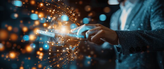 Businessman Using Tablet Touches Virtual HR Network Hologram for Effective Management Recruitment and Organizational Structure in Dark Office