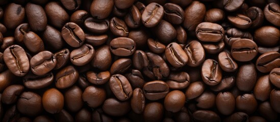 Obraz premium Rich texture of roasted coffee beans in a close-up view perfect for backgrounds and coffee-related designs