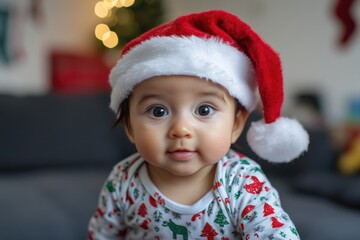 A baby sits on a couch wearing a Santa hat, ready for the holiday season