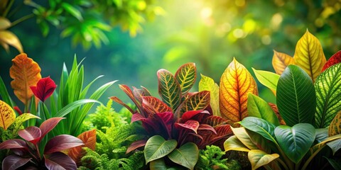 Naklejka premium A vibrant tapestry of leaves in shades of red, yellow, and green, illuminated by soft, diffused sunlight, creating a visual symphony of nature's artistry.