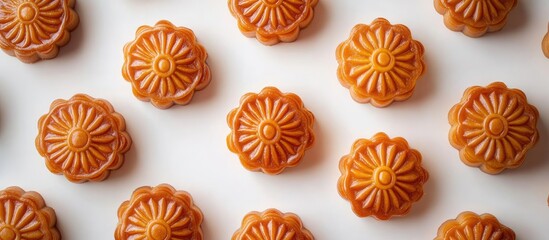 Mooncakes arranged on a white surface showcasing traditional design elements ideal for the Mid-Autumn Festival celebration