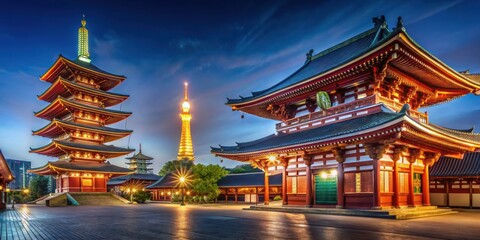 A serene night view of a traditional Japanese temple complex illuminated by lanterns, with a towering structure visible in the distance.