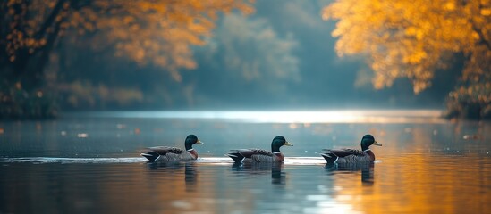 Naklejka premium Three ducks gliding peacefully on a serene lake with golden autumn foliage reflecting in the water during a tranquil morning.