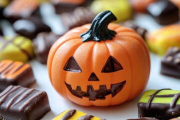 A close-up of a pumpkin-shaped candy, perfect for Halloween or fall-themed designs
