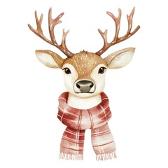 A whimsical illustration of a deer wearing a red plaid scarf, featuring detailed antlers and a charming expression, perfect for winter-themed designs.