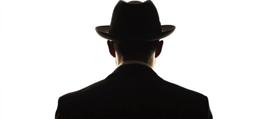 Confident businessman in a classic hat silhouette against a clean white background highlighting professionalism and mystery.