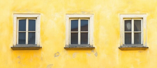 Yellow wall facade with three vintage windows showcasing classic architecture elements and vibrant color contrast.