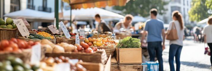 A vibrant local farmer's market teeming with shoppers among colorful displays of fresh produce and organic products, set in a lively outdoor setting.