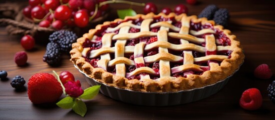 Freshly baked American cherry pie with a decorative lattice crust surrounded by assorted fresh berries on a rustic wooden table