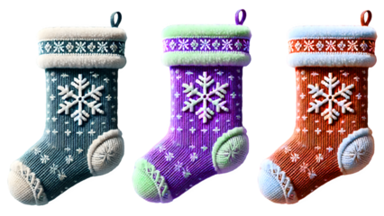 A set of festive Christmas stocking sock with with snowflakes on transparent background, png file