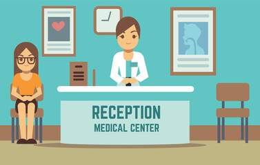 Medical center reception interior with hospital staff people