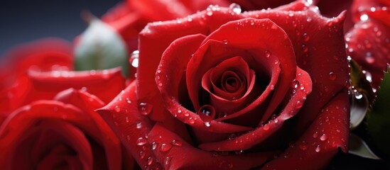 Close up of vibrant red roses adorned with delicate water droplets against a soft romantic background perfect for love themes.