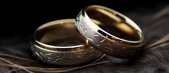 Elegant engraved wedding rings symbolizing love and commitment displayed on a soft textured background showcasing their intricate designs.
