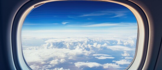 Fototapeta premium Vibrant aerial view from an aircraft window illustrating clear blue sky and fluffy white clouds under bright sunlight