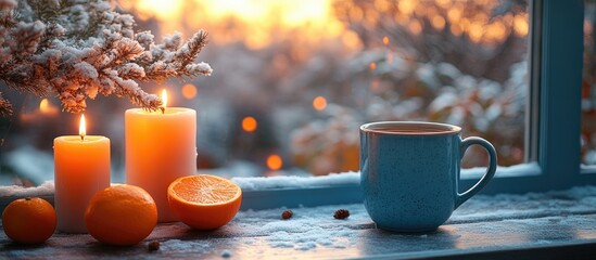 Cozy winter breakfast with a cup of tea tangerines and candles by a frosty window creating a warm inviting atmosphere