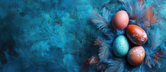 Easter eggs in vibrant colors surrounded by feathers on a blue textured background creating a festive spring atmosphere