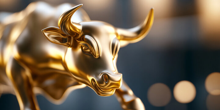 close up of golden bull statue captured mid charge, showcasing its powerful form and gleaming surface. image conveys strength and determination in dynamic pose