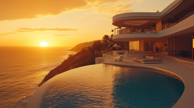 Modern Villa with Infinity Pool at Sunset.Golden hour.