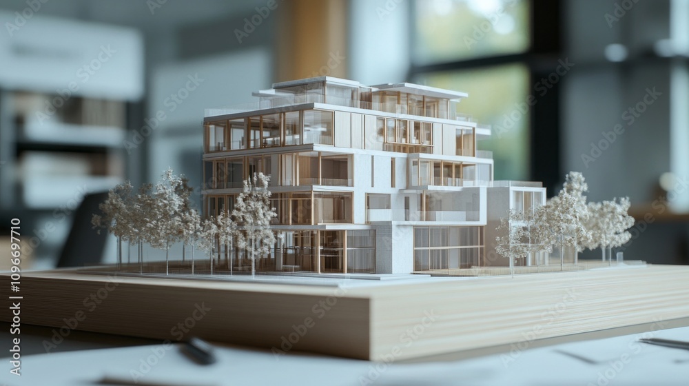 Poster A model of a building with a lot of windows and a tree in front of it