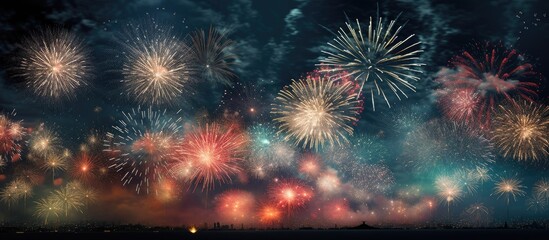 Fototapeta premium Vibrant fireworks display illuminating the night sky with colorful explosions and bursts of light creating a festive atmosphere