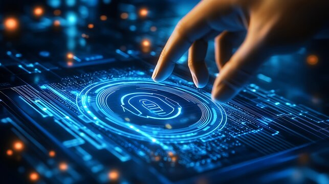 Innovative technology interaction digital interface conceptual art futuristic environment close-up view security concept